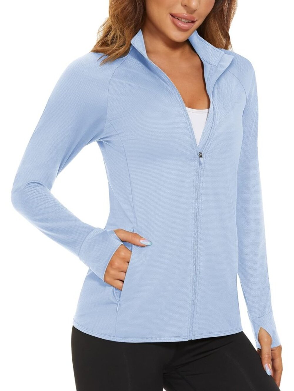 Women's Pale Blue Full-zip High Neck Side Pockets Long Sleeve Athletic Jacket